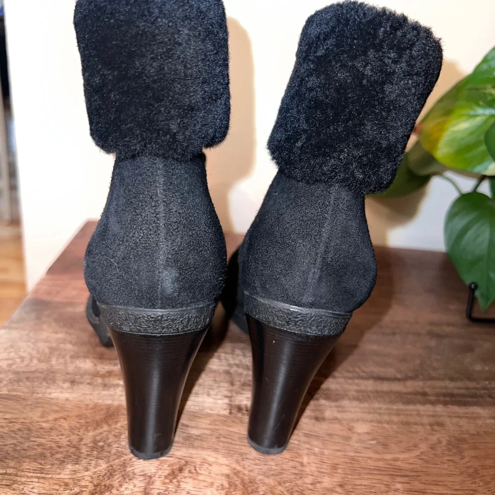 Via Spiga Leya Black Suede Leather Lace Up Heeled Ankle Boots Fur Cuff‎ Size 7.5